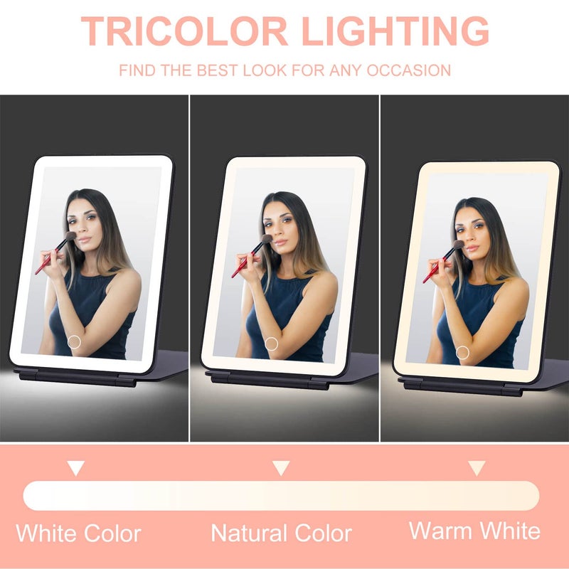 موكادو مرآة مكياج للسفر قابلة للطي بإضاءة LED - مقاس 5 × 7 بوصات و3 أوضاع إضاءة بألوان USB قابلة لإعادة الشحن وشاشة تعمل باللمس ومرآة مستحضرات تجميل محمولة على الطاولة للسفر ومكتب مستحضرات التجميل (أسود) - Image 3
